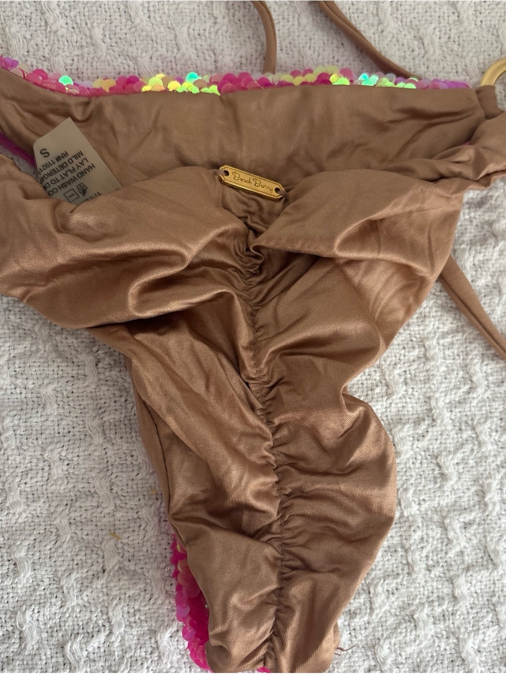 Beach Bunny Pink Sequin Bikini Bottom with Tan Accents - Picture 6 of 6